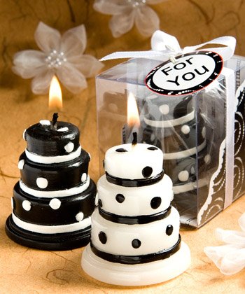 Luscious black and white wedding cake candle favors