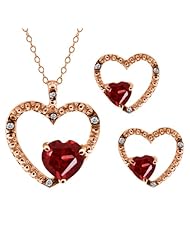 2.07 Ct Heart Shape Red Garnet Gold Plated Silver Pendant Earrings Set