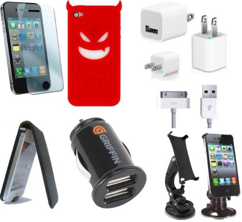 Accessory Bundle for iPhone 4 Charger + Halloween devil Cases + Screen Protector + Car Holder