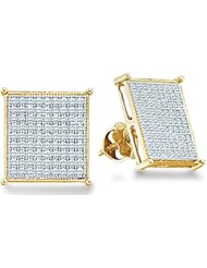 10k Yellow and White Two Tone Gold Square Princess Shape Pave Set Round Diamond Stud Earrings - 10mm Height * 10mm Width (2/5 cttw)