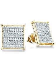 10k White and Yellow Two Tone Gold Square Princess Shape Pave Set Round Diamond Stud Earrings - 10mm Height * 10mm Width (2/5 cttw)