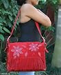 Leather shoulder bag, 'Red Floral Fringe' Leather shoulder bag, 'Red Floral Fringe'