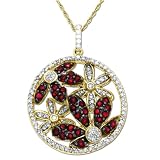 14k Yellow Gold Ruby and Diamond Flower Circle Pendant, 18"