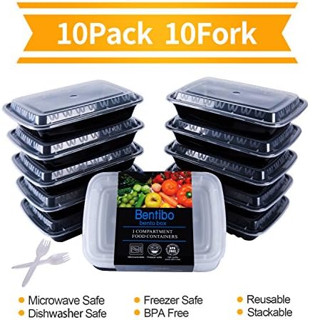 10 Pack Plastic Meal Prep Food Storage Containers with Lids/Black Bento Lunch Box Set/BPA Free,Reusable,Dishwasher &amp; Microwave Food Safe Cover+Free Cutlery(28oz)
