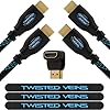Twisted Veins 6ft High Speed HDMI 2 Pack (includes TWO 6' cables, Right Angle Adapter, Velcro Ties) - Latest Version: Supports Ethernet, 3D, and Audio Return