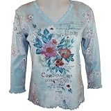 CactusFashion,3/4Sleeve,RuffledV-NeckTopAccentedwithRhinestoneAccentsonaLightBlueColoredBody-ModernFlowers
