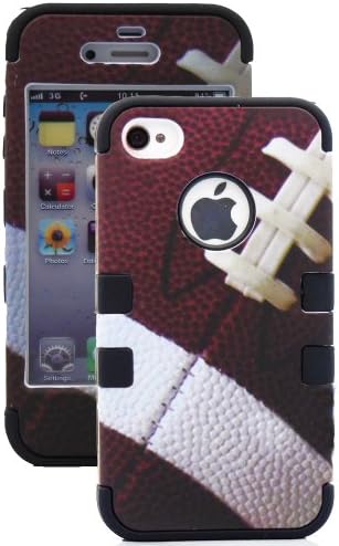 myLife Black and Football Print - Sports Series (3 Piece Protective) Hard and Soft Case for the iPhone 4/4S (4G) 4th Generation Touch Phone (Fitted Front and Back Solid Cover Case + Internal Silicone Gel Rubberized Tough Armor Skin)