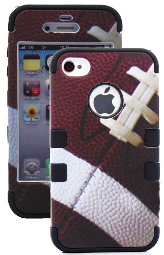 myLife Black and Football Print - Sports Series (3 Piece Protective) Hard and Soft Case for the iPhone 4/4S (4G) 4th Generation Touch Phone (Fitted Front and Back Solid Cover Case + Internal Silicone Gel Rubberized Tough Armor Skin)
