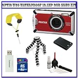 Pentax Optio W80 Waterproof 12.1MP Digital Camera (Cardinal Red) + Pentax Floating Strap + Transcend 8GB SDHC w/ Card Reader/Writer + Joby Mini Table Top Tripod + Spare D-LI78 Rechargeable Li-Ion Battery