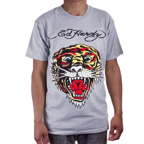 Ed Hardy Mens Tiger Tattoo Graphic Tee Shirt - Grey