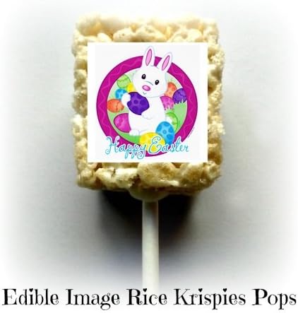 12 count HAPPY EASTER Bunny Rabbit Delivering Eggs Rice Krispies Treat Pops 1 Dozen Edible Image Rice Krispy Party Favors Desserts Gifts Party Supplies on a stick &amp; Individually Wrapped