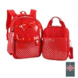 Moonwind 3pcs Sweet Bow Princess Waterproof Girls School Backpack Book Bag and Pencil Lunch Bag Set (Small Heart-shaped, Small Heart-shaped Red)