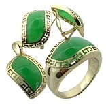 Green Jade Rivus with Greek Key Border Earring, Ring and Pendant Set, 14k Gold