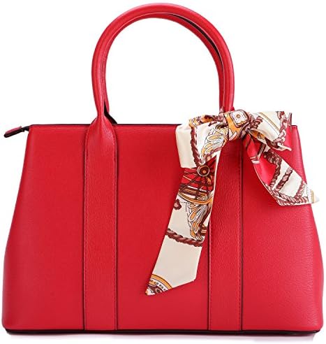 14'' Geniue Leather Shoulder Top-handle Crossbody Bag - RUFFRYDER Women's Zipper Handbag Satchel for Business,Dinner Party,Decorating Scarves Attached,E3008#,Red