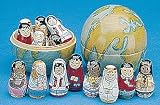 nesting wooden world globe with 8 multicultural dolls