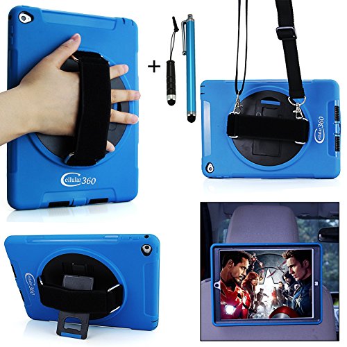 Cellular360 Apple iPad 2 iPad 3 iPad 4 Handheld Shock and Drop Proof Rugged Kickstand Case with a 360 Degree Swivel Kickstand, a Hand Grip Belt and a Neck Strap (Handheld and Shoulder Case-Black and Blue)