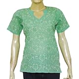 Womens Fashion Cotton Short Sleeve Top Blouse Chikan Embroidery Size S (ctop334)
