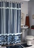 SEASHELLS AND STRIPES NAVY BLUE FABRIC SHOWER CURTAIN, FABRIC COVERED RINGS, AREA RUG & CONTOUR RUG SET - 302-300