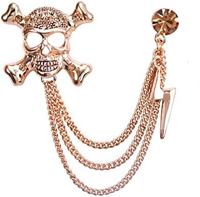 OUDUO Men's Rhinestone Cross Bones Brooch Lighting Pin With Chain Vintage Brass