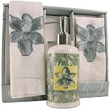 Floral gift set: Soap Pump Dispenser (Ceramic) and 2 Embroidered Towels, GrayEstate