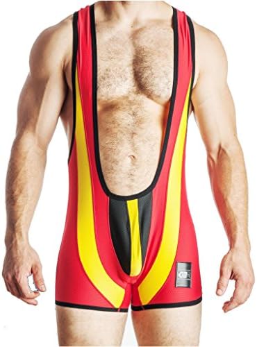 GBGB Mens Felix Wrestling Singlet/Body Mesh Red/Yellow/Black Medium