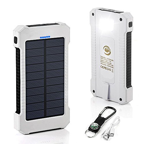 Solar Phone Charger, FKANT 10000mAh Portable Battery Charger Outdoor Dual USB External Battery Pack Solar Power Bank with LED Light and Compass for iPhone iPad Android Phones and More