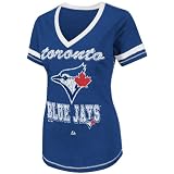 MLB Women's Toronto Blue Jays Bling Beauty Short Sleeve V-Neck Boyfriend Tee (Pro Navy/Pro Scarlet, X-Large)