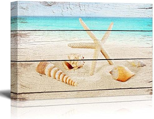 Canvas Prints Wall Art - Starfish and Seashells on the Beach with Vintage Wood Background - 16" x 24"