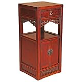 Handmade Asian Furniture - 34" Antique Style Walnut Wood End Table / Storage Cabinet Carved Trim