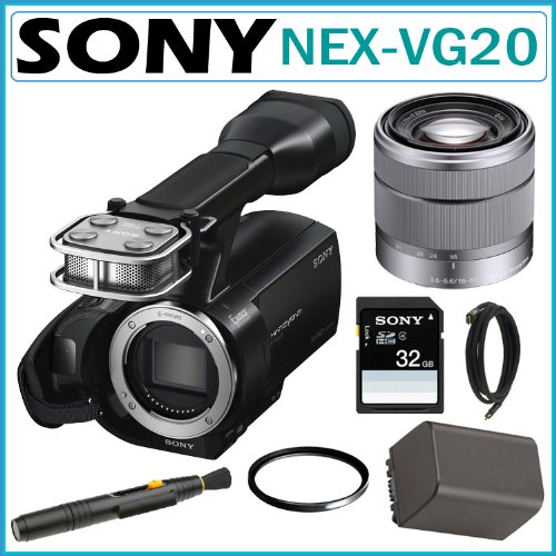 Sony NEX-VG20 Interchangeable Lens HD Handycam Camcorder BODY + Sony 32GB SDHC + Sony SEL1855 18-55MM F3.5-5.6 OSS E-Lens + Mini HDMI Cable + Replacement NP-F70 Battery Pack + Lens Filter + Lens Pen
