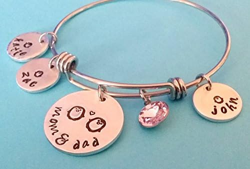 Mom &amp; Dad and Baby Penguin Hand Stamped Stainless Steel Bangle | Childrens Name Bracelet | 10mm Crystal Charm
