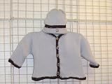 Ck601, Knitted on Hand Knitting Machine Blue Cotton Hand Crochet with Dark Brown Chenille Trim Boys Cardigan, Hat Set Trimmed with Antique Brass Teddy Bear Buttons
