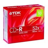 TDK CD-R80M10 CD-R Data 80 Minute, 700MB, 52x (10-Pack with Slim Jewel Case)