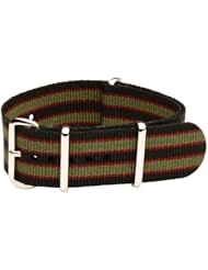 24mm Classic SS Nylon Striped Black / Green / Red - Easily Interchangeable Replacement Military Watch Strap / Band - Fits All Watches!!!