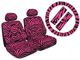 7 Piece Safari Animal Print Automotive Interior Gift Set - 2 Low Back Bucket Seat Covers with Separate Head Rests, Universal Fit Steering Wheel Cover, and 2 Seat Belt Shoulder Pads - Hot Pink Zebra