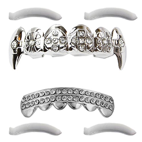 24k white gold plated grillz fangs & crosses with c…