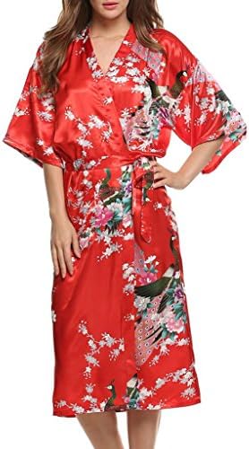 Thiness Womens Soft Kimono Robe,with Pockets- Peacock &amp; Blossom Red,3XL/US 24