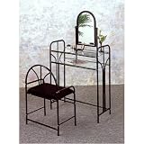 Glossy Black Finish Metal Vanity Table Mirror & Stool/Bench Set