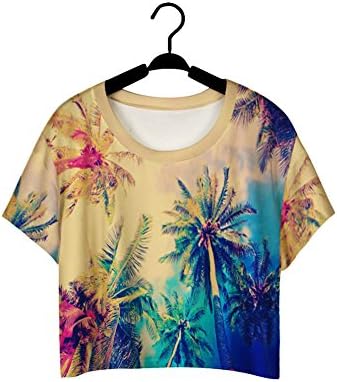 Fashion Emprie Women Harajuku Casual Crop Tops Short Sleeve Printed T Shirt (One Size, Coconut Tree)