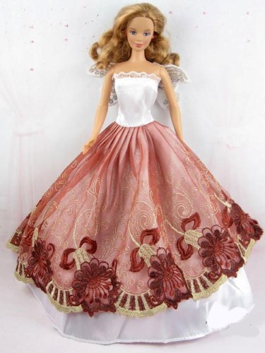 White Barbie Sized Doll Ball Gown with Maroon Apron and Butterfly Wings