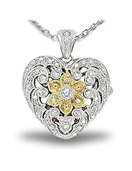 Sterling Silver Heart Two Tone and CZ Locket 3/4 Inch x 3/4 Inch- Sterling Silver
