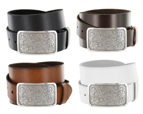 Silver Engraved Square Western Full Grain Leather Casual Jean Belt