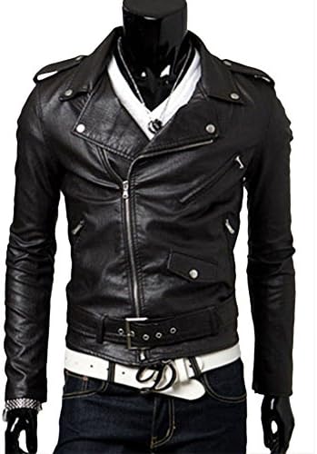 Diorot Men's Punk Slim Fit Lapel Zipper Moto Jacket Black