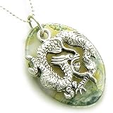 Fortune Protection Dragon Moss Agate Amulet on Silver Necklace