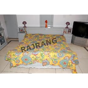 Boho Rajrang Block Print King Size Cotton Quilt Bedspread
