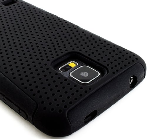 myLife Charcoal Black - Perforated Mesh Series (2 Layer Neo Hybrid) Slim Armor Case for the NEW Galaxy S5 (5G) Smartphone by Samsung (External Rubberized Hard Shell Mesh Piece + Internal Soft Silicone Flexible Gel)