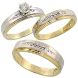 Sterling Silver (Gold Plated) 3-Piece Trio His (6mm) & Hers (5mm) Diamond Wedding Band Set, w/ 0.11 Carat Brilliant Cut Diamonds; (Ladies Size 5 to10; Men's Size 8 to 14)