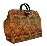 ArtisanStreet's Evergreen Zigzag Carpet Bag With Shoulder Strap. Features Rich Shades Of Rust Wine, Tan Green In Zigzag Design. Limited Edition. Use As An Overnight Bag Or Even As A Briefcase.