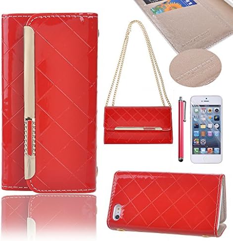 OutProof Luxury Luxury Fashion Handbag Style Card Holder Grid Pattern PU Leather Wallet Case for iPhone 5 5S 5G (Red)