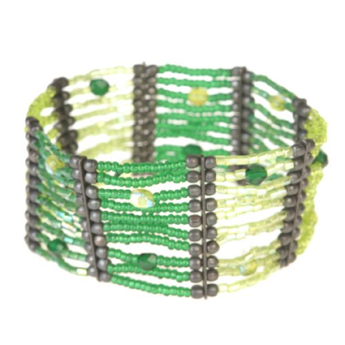 Glass and Brass Beads Elastic Green Bracelet Striped No sweat Fair Trade Gifts